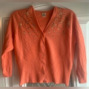 VTG Luisa Spagnoli 50s Angolmere Angora Wool C Peach Embroidered Floral Cardigan